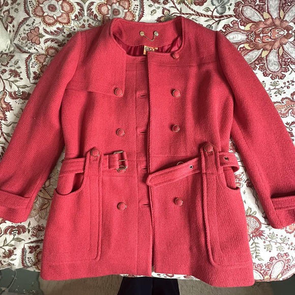Tory Burch Wool Pea Coat XL Red Double Breasted Gold Buttons Belted Alek Jacket - Picture 2 of 12